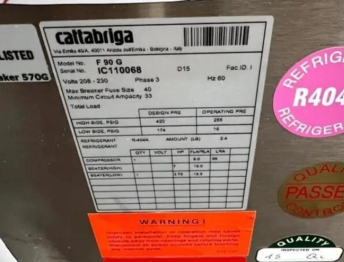 Used CATTABRIGA F90G 20 Quarts Gelato Batch Freezer Ice Cream Machine Carpigiani