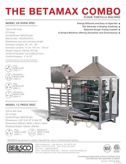 Used BE&SCO BETAMAX Tortilla Press and Oven Combo Besco
