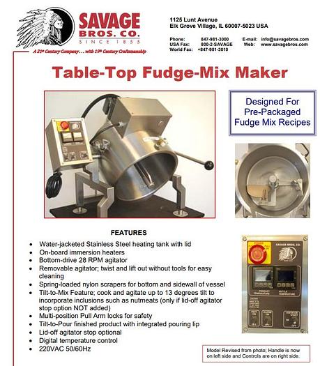 Used SAVAGE Bros Model 0937 Countertop Fudge Mixer Mixing Kettle
